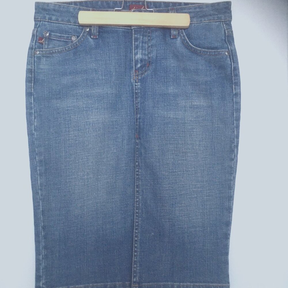 Dish  Denim 29" waist midi-length skirt with front -slit